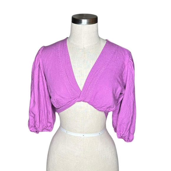 FARM Rio Tops - FARM Rio Cropped Twist‎ Linen Wrap Top Purple Puff Sleeve Tie Back Size P XS